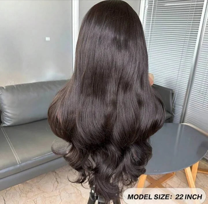 Natural Black Curtain Bangs Human blend Lace Front Wig (22 inch)
